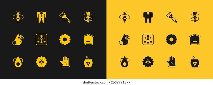 Set Queen bee, Bee on flower, Flower, Beekeeper glove, Type of, Beekeeping brush,  and costume icon. Vector