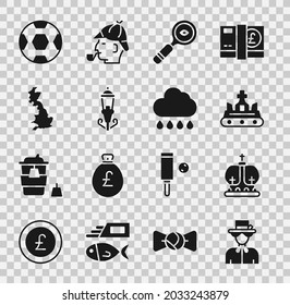 Set Queen Elizabeth, British crown, Magnifying glass, Vintage street light, England map, Football ball and Cloud with rain icon. Vector