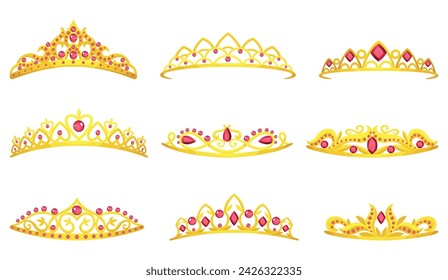 Conjunto de coronas de oro reina iconos vectoriales. Colección de tiaras de princesa de oro ilustración de dibujos animados