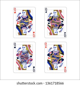 Set of queen playing card with different suits like diamonds, clubs, hearts and spades on white