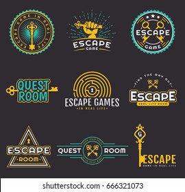 Set of quest room logos templates. Vector badges for real-life escape game design. Collection of emblems isolated on a black background.