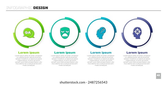 Set Frage und Antwort, Drama Theater Maske, Sucht nach Drogen und Findungsproblem. In: Business Infographic Vorlage. Vektorgrafik