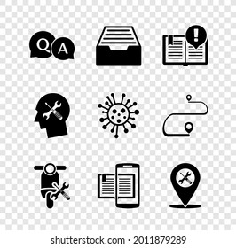 Set Question and Answer, Drawer with documents, Interesting facts, Scooter service, Smartphone book, Location, Human head and Bacteria icon. Vector