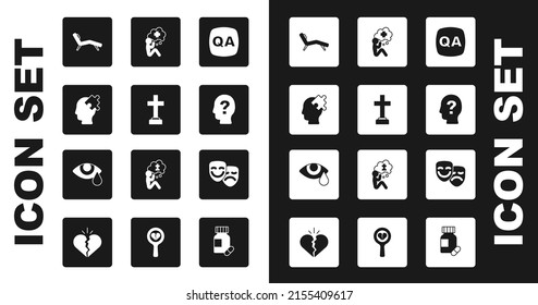 Set Question and Answer, Graves funeral sorrow, Solution to the problem, Armchair, Head with question mark, Helping hand, Comedy tragedy masks and Tear cry eye icon. Vector