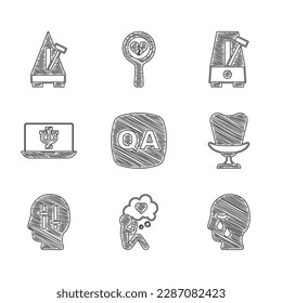 Set Question and Answer, Head with heart, Man graves funeral sorrow, Armchair, Solution to the problem, Psychologist online, Metronome pendulum and  icon. Vector