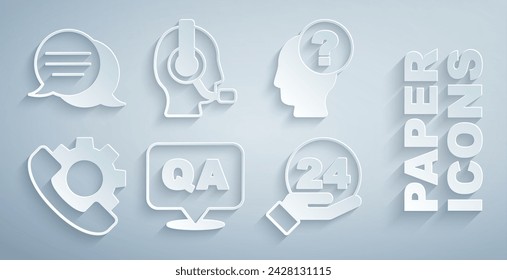 Set Question and Answer, Head with question mark, Telephone 24 hours support, Man headset and Speech bubble chat icon. Vector