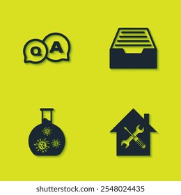 Set Question and Answer, House service, Test tube with virus and Drawer documents icon. Vector