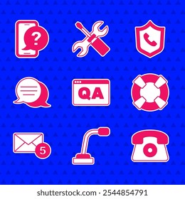Set Question and Answer, Microphone, Telephone 24 hours support, Lifebuoy, New, email incoming message, Speech bubble chat,  and  icon. Vector