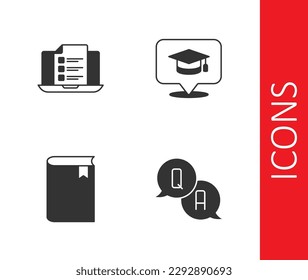 Set Question and Answer, Online quiz, test, survey, Book and Graduation cap speech bubble icon. Vector