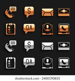 Set Question and Answer, Stacks paper money cash, Telephone 24 hours support, Online quiz, test, survey, Mail e-mail, conversation and Paid icon. Vector