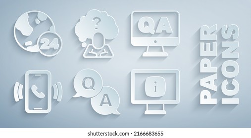 Establecer pregunta y respuesta, servicio de asistencia telefónica las 24 horas, Monitor con información, signo de interrogación de cabecera e icono. Vector