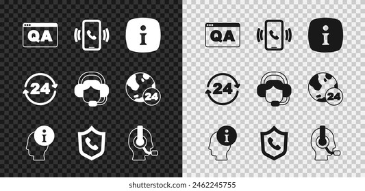 Set Question and Answer, Telephone 24 hours support, Information, Man with headset,  and Woman icon. Vector