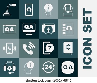 Establecer pregunta y respuesta, manual de usuario, libreta de direcciones, información, micrófono y monitor con el icono de información de preguntas frecuentes. Vector