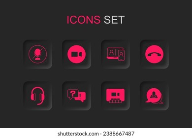 Set Question and Answer, Video chat conference, Mute microphone, Telephone handset, Speech bubble,  and Headphones icon. Vector