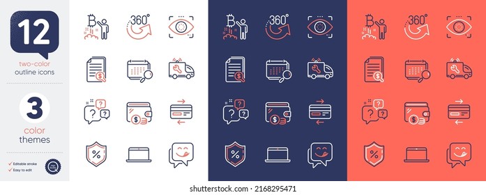 Set of Question bubbles, Credit card and Bitcoin project line icons. Include Car service, Yummy smile, Eye detect icons. Financial documents, 360 degrees, Wallet web elements. Calendar. Vector