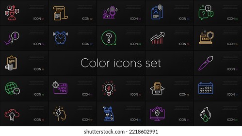 Set of Question bubbles, Work home and Question mark line icons. Include Microscope, Documents box, Quiz test icons. Demand curve, Cloud upload, Time zone web elements. Quick tips. Vector