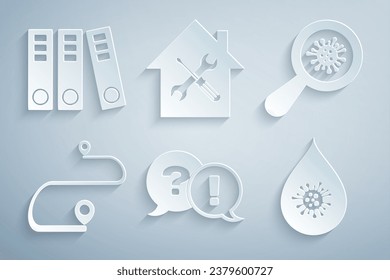 Set Question and Exclamation, Microorganisms under magnifier, Route location, Dirty water drop, House service and Office folders icon. Vector