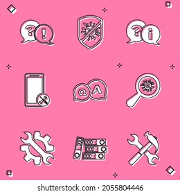 Set Question and Exclamation, Stop virus, bacteria, Mobile service, Answer, Microorganisms under magnifier, Wrench gear and Office folders icon. Vector