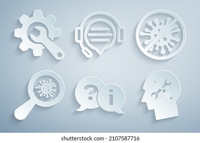 Set Question and Exclamation, Stop virus, bacteria, Microorganisms under magnifier, Human head service, Headphones with speech bubble chat and Wrench gear icon. Vector
