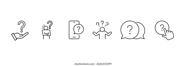 Conjunto de coleções de ícones de Perguntas. Problema, confusão, perguntar e questionar, símbolo de ponto de interrogação. Ilustração de vetor.