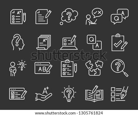 set of question icons, such as, question mark, talk, answer, test, learning