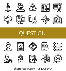 Set of question icons. Such as Suspect, Confused, Support, Anonymous, Warning, Clipboard, Information, Direction, Tech support, Testing, Assistant, Support services , question icons