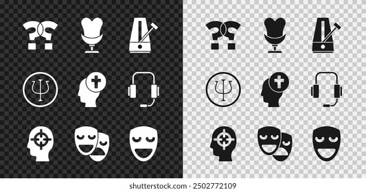 Set Question mark, Armchair, Metronome with pendulum, Finding problem, Comedy and tragedy masks, theatrical, Psychology, Psi and Man graves funeral sorrow icon. Vector