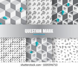 Set of Question Mark Backgrounds Or Question Seamless Patterns. 3d Vector Illustration Collection