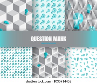 Set of Question Mark Backgrounds Or Question Seamless Patterns. 3d Vector Illustration Collection