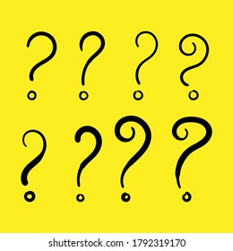 set of question mark  in black color cartoon vector illustration, question mark doodle hand drawn, sketch style, isolated on yellow background eps 10, easy to modify. 
