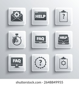 Set Question mark, Checklist with 24 hours service, Laptop and help, FAQ, Computer monitor, Stopwatch, Envelope setting and Clipboard question marks icon. Vector