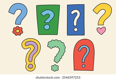 Set of question mark doodle style arithmetic for school kids cute color simple drawing design retro art