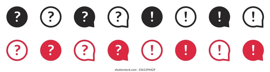 Set of question mark and exclamation mark icons. FAQ signs, help. Help speech bubble sign, vector.