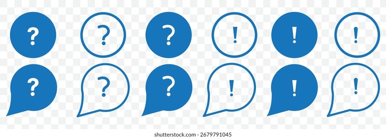 Set of question mark and exclamation mark icons. FAQ signs, help. Help speech bubble sign, vector.