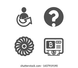 Set of Question mark, Fan engine and Share icons. Bitcoin atm sign. Ask support, Ventilator, Referral person. Cryptocurrency change.  Classic design question mark icon. Flat design. Vector