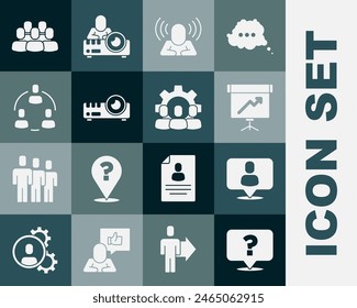 Set Question mark, Head hunting, Chalkboard with diagram, Media projector, Project team base,  and  icon. Vector