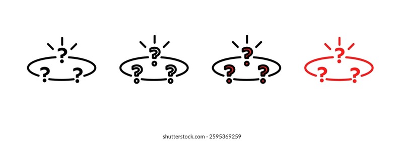 A set of question mark icons arranged in a circular pattern with variations in black and red. Represents curiosity or uncertainty