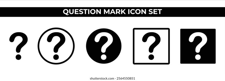 Set of question mark icons in various shapes and styles, including circles and squares. Perfect for FAQs, help center designs, educational visuals, problem-solving concepts, and abstract infographic.