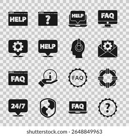 Set Question mark, Lifebuoy, Envelope setting, Laptop and help, Speech bubble with text Help, Location gear, Browser and Support operator touch icon. Vector