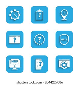 Set Question mark, Mobile phone with question, Browser setting, Shield text Help, Computer monitor and help, Location clock and Time Management icon. Vector