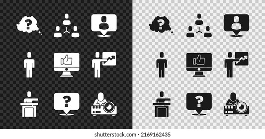 Marca de preguntas, base del equipo del proyecto, caza de cabezales, altavoz, proyector de medios y icono de tipo Mano. Vector