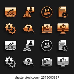 Set Question mark, Resume, Hand like, Head hunting, Project team base,  and  icon. Vector