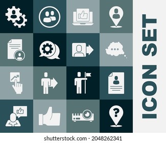 Set Question mark, Resume, Speech bubble chat, Hand like, Head hunting and Team leader icon. Vector