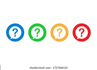 Satz von Fragezeichen-Symbolen in flachem Design. Hilf- oder Fragenknöpfe in Blau, Grün, Orange und Rot. Isolierte Faq Icons im Bubble-Stil. Unterstützungs- oder Abfragesymbole. Vektor EPS 10.