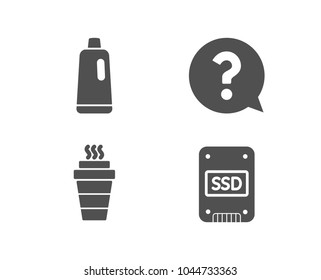 Set of Question mark, Takeaway and Shampoo icons. Ssd sign. Help support, Takeout coffee, Bath cleanser. Solid-state drive.  Quality design elements. Classic style. Vector