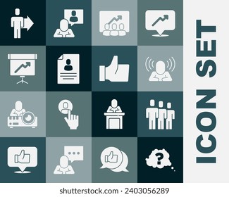 Set Question mark, Users group, Head hunting, Project team base, Resume, Chalkboard with diagram, Team leader and Hand like icon. Vector