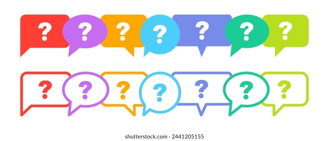 Set of question marks and colorful speech bubbles. Ask and help symbol.