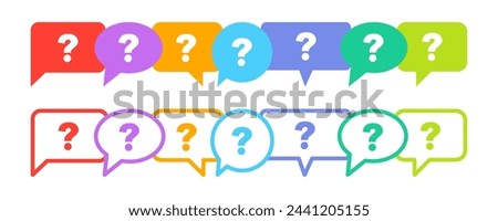 Set of question marks and colorful speech bubbles. Ask and help symbol.