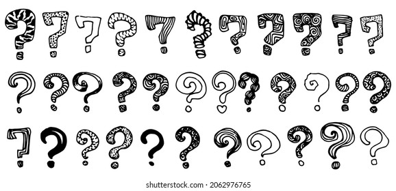 un conjunto de signos de interrogación dibujados. conjunto de signos de interrogación aislados con diferentes patrones y texturas dibujados a mano en forma de doodle, contorno negro sobre la campana para una plantilla de diseño