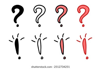 Set of question marks and exclamation marks featuring colored illustrations, black silhouette, black outline versions. Isolated on white background. Concept of communication, punctuation, emphasis.